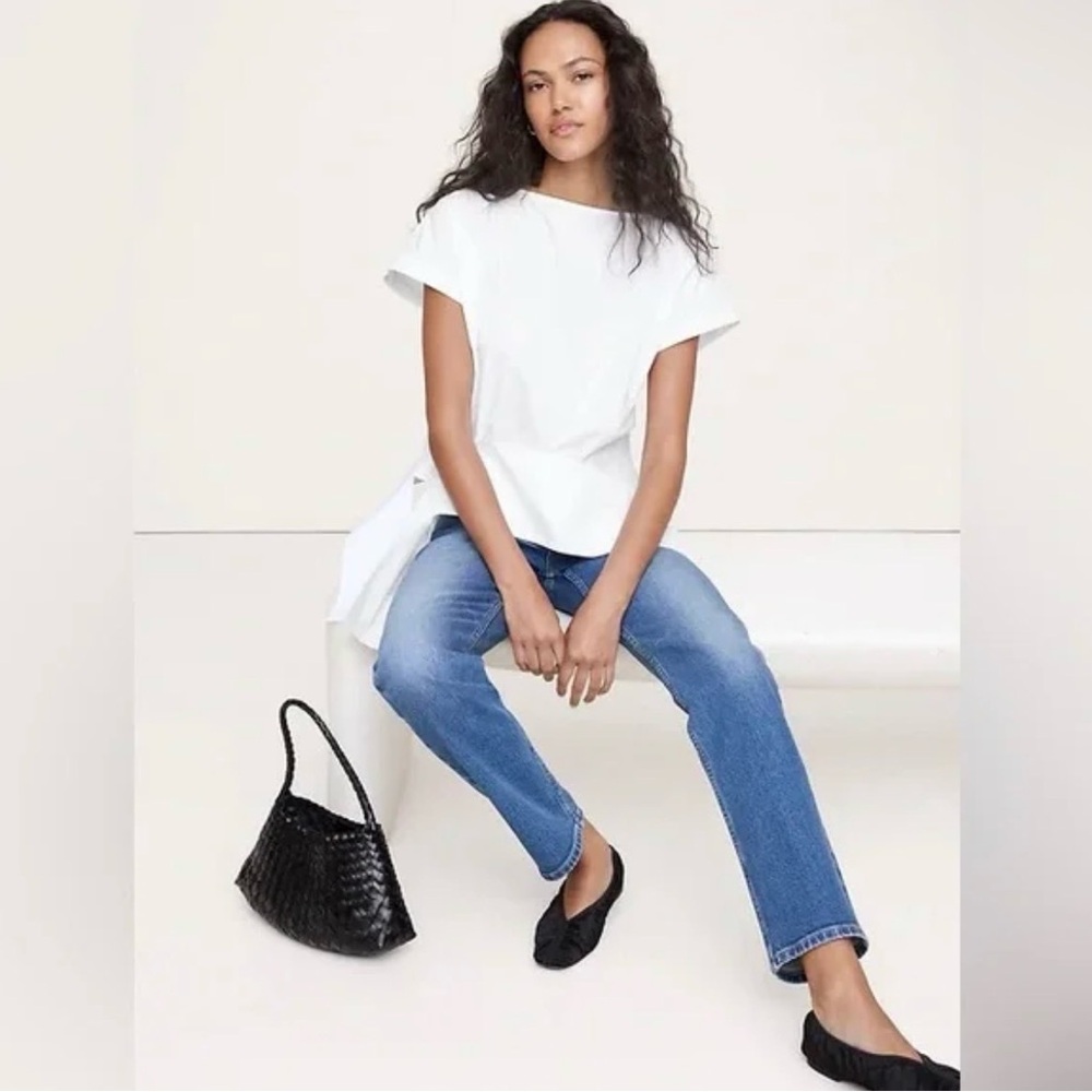 BANANA REPUBLIC COTTON POPLIN BOATNECK ASYMMETRICAL TOP - Picture 2 of 7